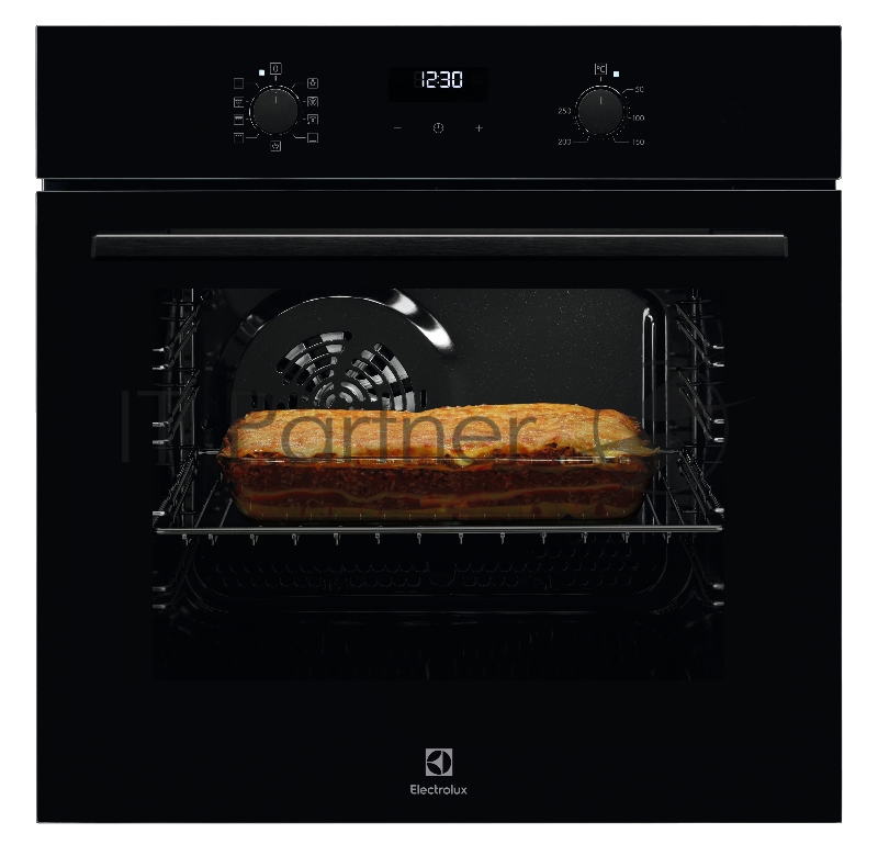 Электрический духовой шкаф Electrolux с кольцевым нагревательным элементом SurroundCook, основной цвет - чёрный, утапливаемые переключатели, таймер отключения, отложенный старт, будильник, хромированные направляющие из нержавеющей стали, телескопичес