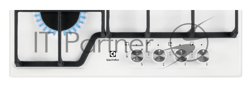 Газовая поверхность Electrolux ,цвет-белый, 2 чугунных держателя, газконтроль варочной поверхности, интегрированный автоподжиг варочной поверхности, конфорки: газовая, средней мощности, газовая, средней мощности, газовая, высокой мощности, газовая,