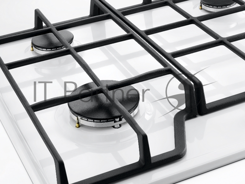 Газовая поверхность Electrolux ,цвет-белый, 2 чугунных держателя, газконтроль варочной поверхности, интегрированный автоподжиг варочной поверхности, конфорки: газовая, средней мощности, газовая, средней мощности, газовая, высокой мощности, газовая,