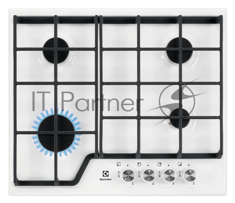 Газовая поверхность Electrolux ,цвет-белый, 2 чугунных держателя, газконтроль варочной поверхности, интегрированный автоподжиг варочной поверхности, конфорки: газовая, средней мощности, газовая, средней мощности, газовая, высокой мощности, газовая,