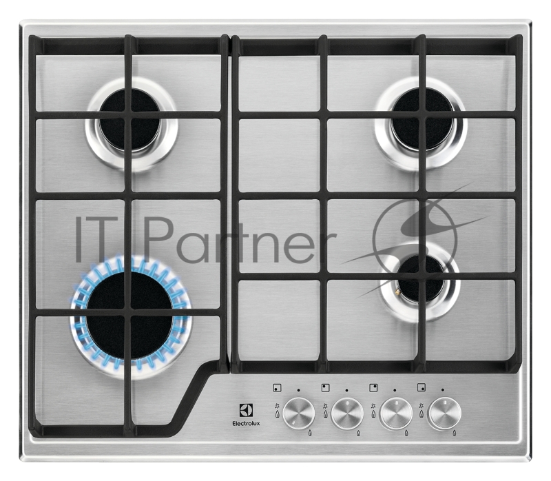 Газовая поверхность Electrolux, цвет-нержавеющая сталь, 2 чугунных держателя, газконтроль варочной поверхности, интегрированный автоподжиг варочной поверхности, конфорки: газовая, средней мощности, газовая, средней мощности, газовая, высокой мощнос