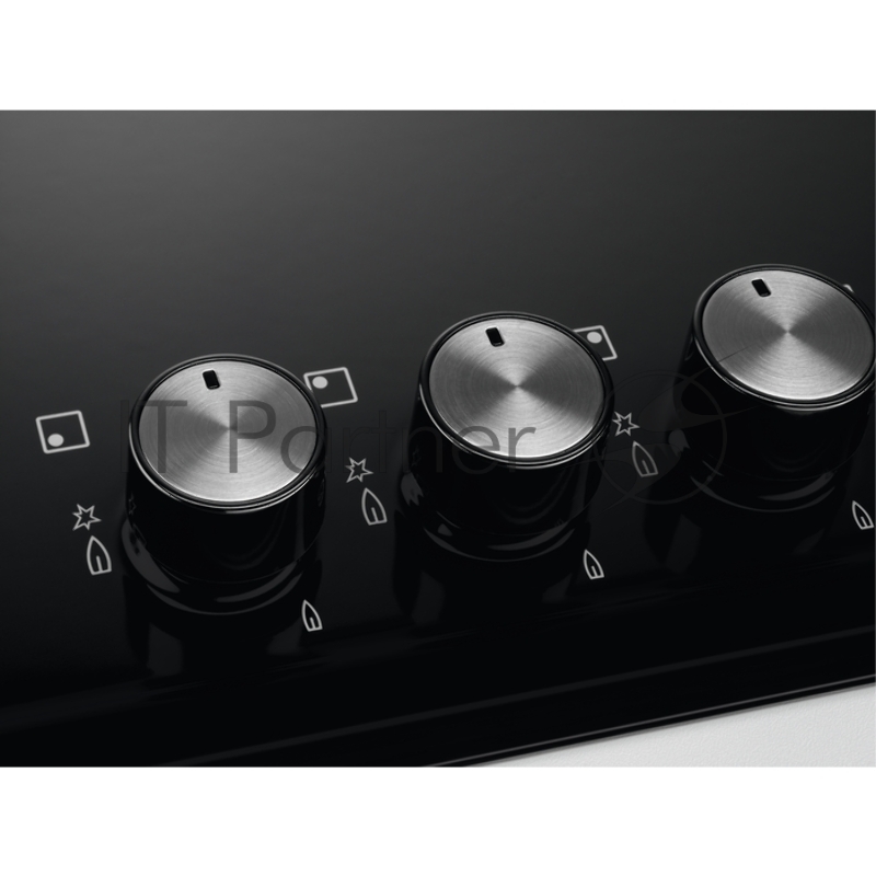 Газовая поверхность Electrolux, цвет-черный, 2 чугунных держателя, газконтроль варочной поверхности, интегрированный автоподжиг варочной поверхности, конфорки: газовая, средней мощности, газовая, средней мощности, WOK конфорка, газовая, стандартной