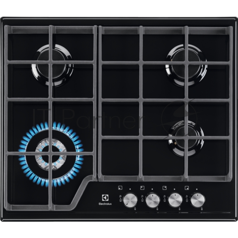 Газовая поверхность Electrolux, цвет-черный, 2 чугунных держателя, газконтроль варочной поверхности, интегрированный автоподжиг варочной поверхности, конфорки: газовая, средней мощности, газовая, средней мощности, WOK конфорка, газовая, стандартной