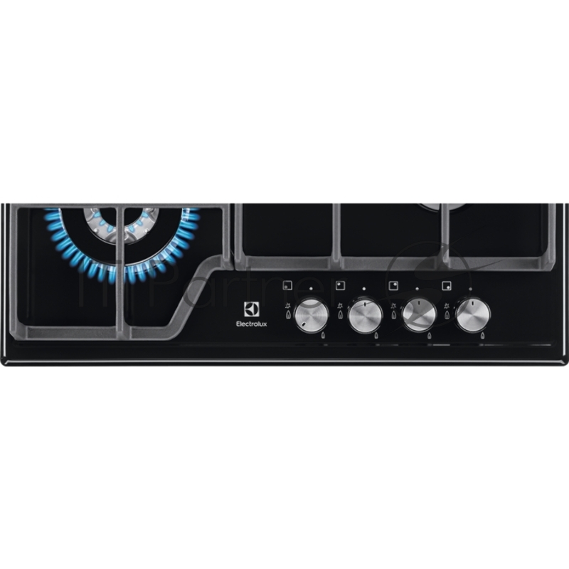 Газовая поверхность Electrolux, цвет-черный, 2 чугунных держателя, газконтроль варочной поверхности, интегрированный автоподжиг варочной поверхности, конфорки: газовая, средней мощности, газовая, средней мощности, WOK конфорка, газовая, стандартной