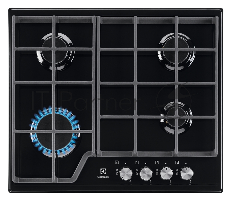 Газовая поверхность Electrolux, цвет-черный, 2 чугунных держателя, газконтроль варочной поверхности, интегрированный автоподжиг варочной поверхности, конфорки: газовая, средней мощности, газовая, средней мощности, газовая, высокой мощности, газовая