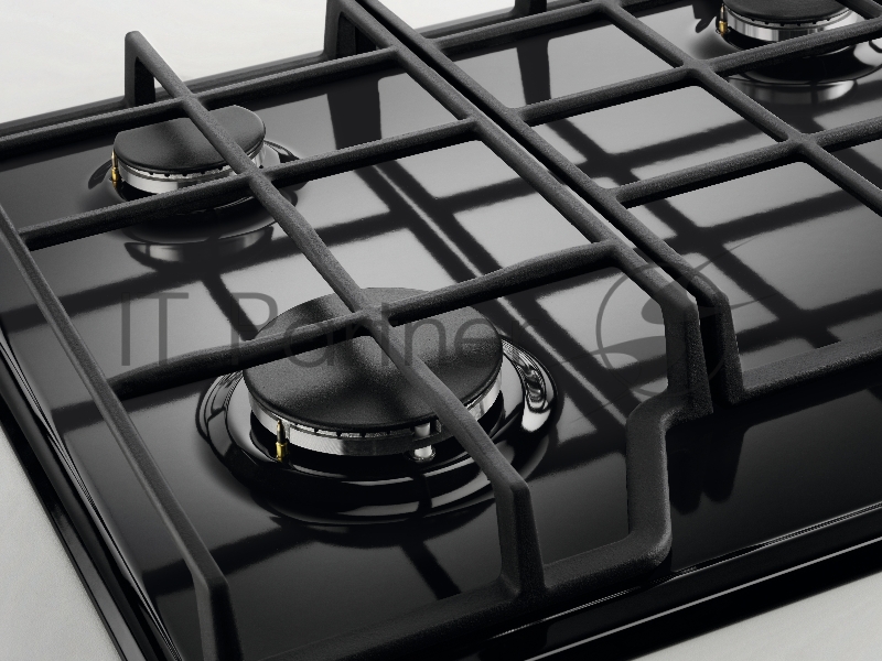 Газовая поверхность Electrolux, цвет-черный, 2 чугунных держателя, газконтроль варочной поверхности, интегрированный автоподжиг варочной поверхности, конфорки: газовая, средней мощности, газовая, средней мощности, газовая, высокой мощности, газовая