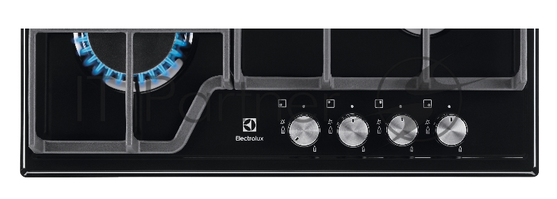Газовая поверхность Electrolux, цвет-черный, 2 чугунных держателя, газконтроль варочной поверхности, интегрированный автоподжиг варочной поверхности, конфорки: газовая, средней мощности, газовая, средней мощности, газовая, высокой мощности, газовая