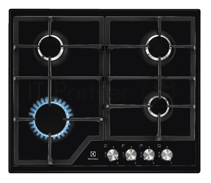 Газовая варочная поверхность, 2 чугунных держателя, газконтроль варочной поверхности, интегрированный автоподжиг варочной поверхности, конфорки: Конфорка ускоренного нагрева, средней мощности, Конфорка ускоренного нагрева, средней мощности, Конфорка