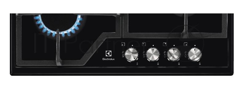 Газовая варочная поверхность, 2 чугунных держателя, газконтроль варочной поверхности, интегрированный автоподжиг варочной поверхности, конфорки: Конфорка ускоренного нагрева, средней мощности, Конфорка ускоренного нагрева, средней мощности, Конфорка