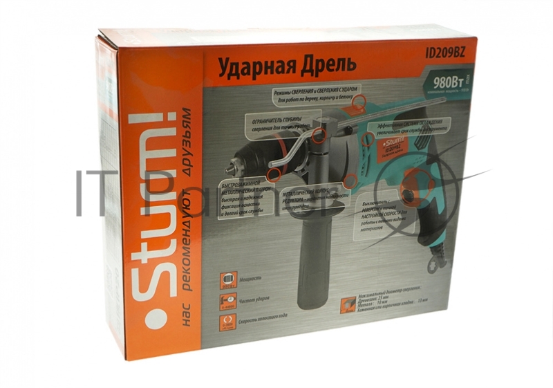 Дрель ID209BZ ударная 980Вт, 0-2800об/мин, 0-44800уд/мин, металл БЫСТРОЗАЖИМНОЙ патрон , Sturm!