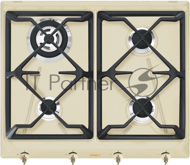 Встраиваемая варочная панель SMEG Coloniale,газовая варочная панель, 60 см, кремовый/ фурнитура латунь