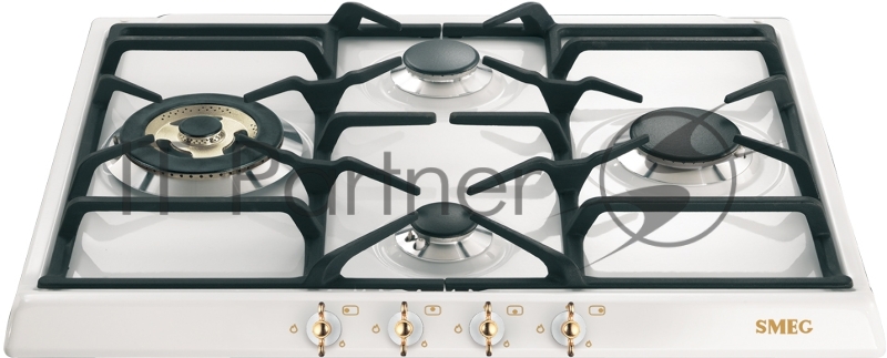 Встраиваемая газовая панель SMEG Газ, Coloniale, 60см, газовая варочная поверхность, белый/ фурнитура позолоченная