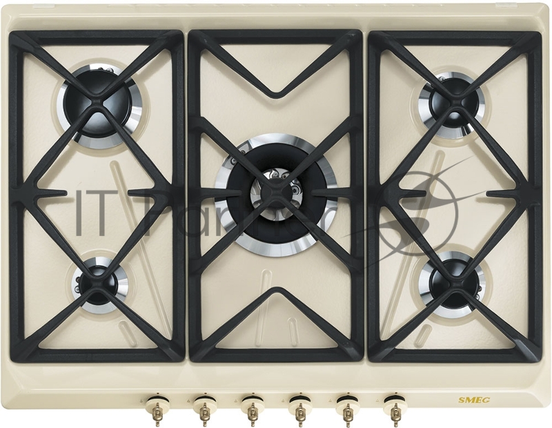 Встраиваемые газовые панели SMEG Газ, Coloniale,газовая варочная панель, 70 см, кремовый/ фурнитура латунь