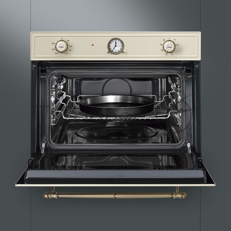 Встраиваемые микроволновые печи SMEG Cortina, микроволновая печь, высота 45 см, кремовая / фурнитура латунная