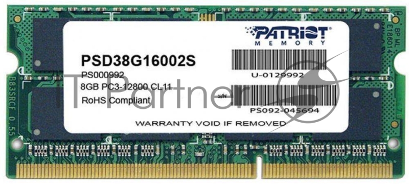 Модуль памяти Patriot SO-DIMM DDR3 8GB PSD38G16002S (PC3-12800, 1600MHz, 1.5V)