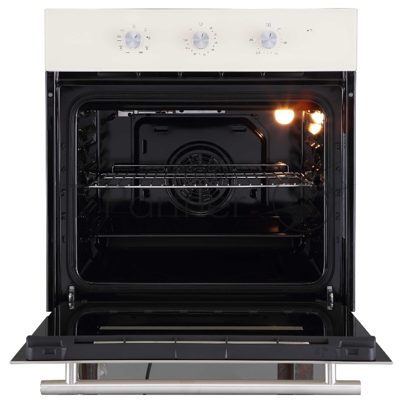 Духовой шкаф встраиваемый полноразмерный, 60 см, 8 режимов, объем духовки 65л, поворотные переключатели, панель управления - бежевое стекло, универсальный противень, решетка-гриль, двойное стекло дверцы, легко-съемное большое внутреннее стекло Full