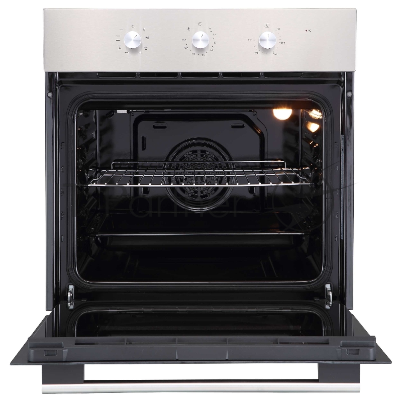Духовой шкаф встраиваемый полноразмерный, 60 см, 8 режимов, объем духовки 65л, поворотные переключатели, панель управления - нержавеющая сталь, универсальный противень, решетка-гриль, двойное стекло дверцы, легко-съемное большое внутреннее стекло Fu