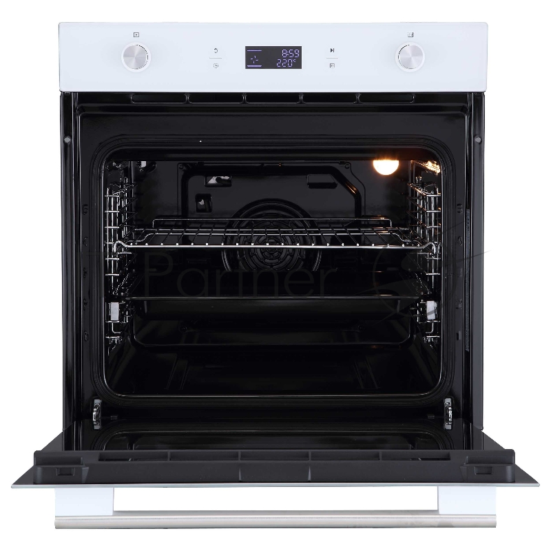 Духовой шкаф встраиваемый полноразмерный, 60 см, 9 режимов, объем духовки 70л, утапливаемые переключатели, большой дисплей Snow White, хромированные боковые решетки, телескопические направляющие 1 уровнь, панель управления - белое стекло, универсал