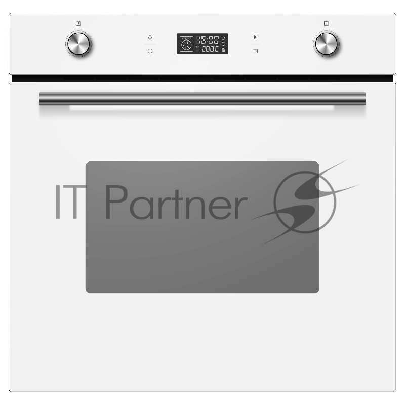 Духовой шкаф встраиваемый полноразмерный, 60 см, 9 режимов, объем духовки 70л, утапливаемые переключатели, большой дисплей Snow White, хромированные боковые решетки, телескопические направляющие 1 уровнь, панель управления - белое стекло, универсал