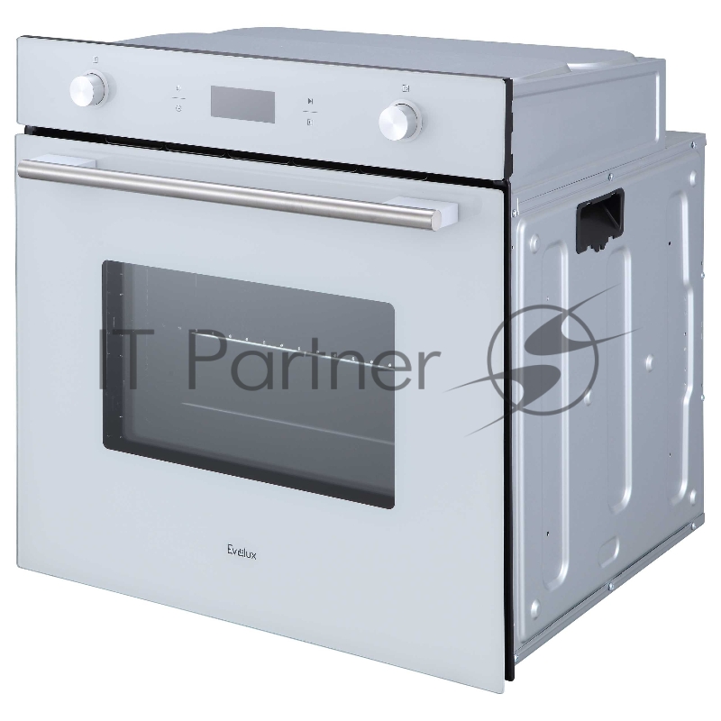 Духовой шкаф встраиваемый полноразмерный, 60 см, 9 режимов, объем духовки 70л, утапливаемые переключатели, большой дисплей Snow White, хромированные боковые решетки, телескопические направляющие 1 уровнь, панель управления - белое стекло, универсал