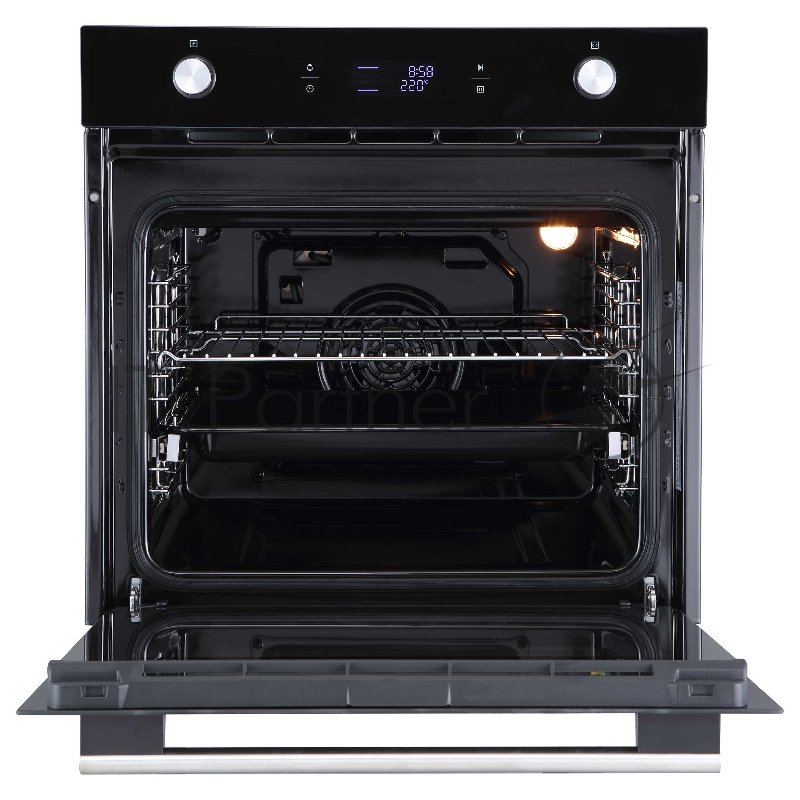Духовой шкаф встраиваемый полноразмерный, 60 см, 9 режимов, объем духовки 70л, утапливаемые переключатели, большой дисплей Snow White, хромированные боковые решетки, телескопические направляющие 1 уровнь, панель управления - черное стекло, универса