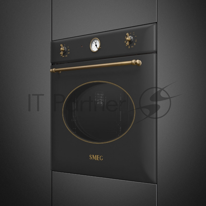 Встраиваемая электрическая духовка SMEG Coloniale, паровая система очистки, антрацит/ фурнитура латунная