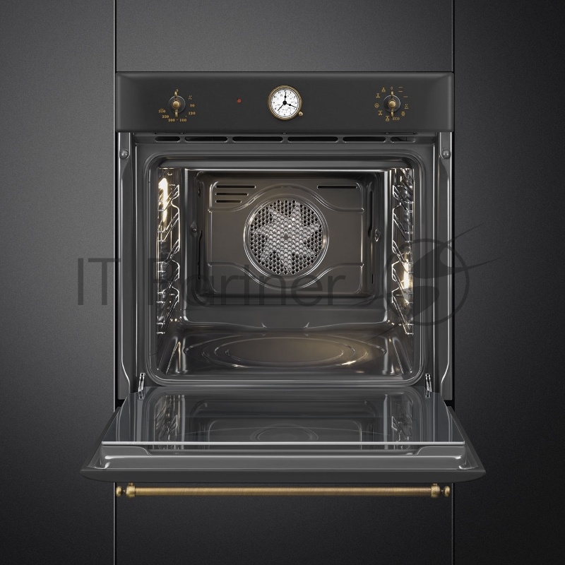 Встраиваемая электрическая духовка SMEG Coloniale, паровая система очистки, антрацит/ фурнитура латунная