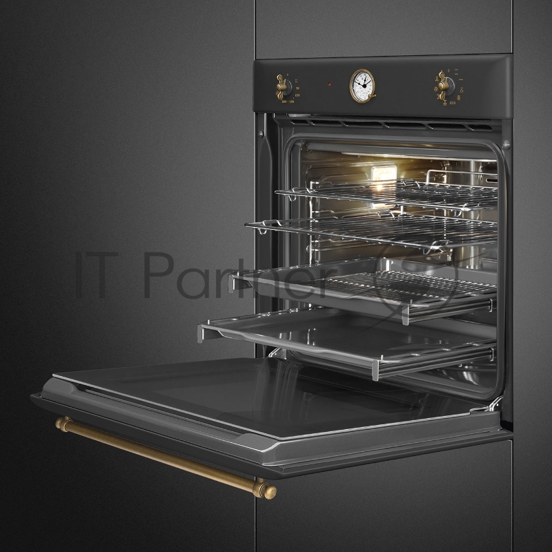 Встраиваемая электрическая духовка SMEG Coloniale, паровая система очистки, антрацит/ фурнитура латунная