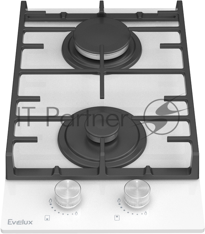 Варочная панель газовая Evelux HEG 300 WG 30 см, 2 конфорки: экономичная конфорка (0,9 кВт), экспресс-конфорка (2,9 кВт), газ-контроль, электроподжиг, белое высокопрочное закаленное стекло, чугунные решетки, поворотные переключатели, комплект форсуно