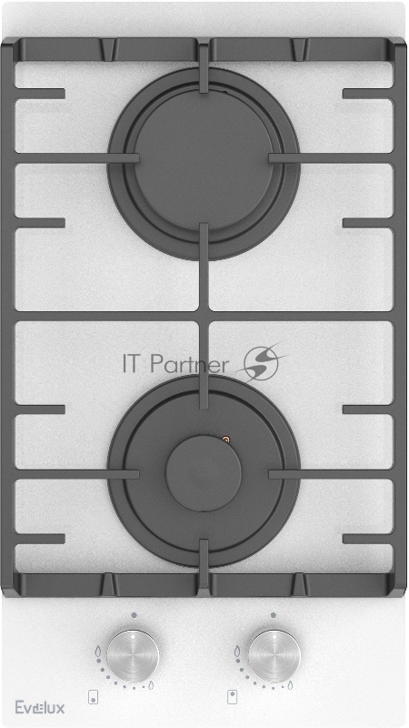 Варочная панель газовая Evelux HEG 300 WG 30 см, 2 конфорки: экономичная конфорка (0,9 кВт), экспресс-конфорка (2,9 кВт), газ-контроль, электроподжиг, белое высокопрочное закаленное стекло, чугунные решетки, поворотные переключатели, комплект форсуно