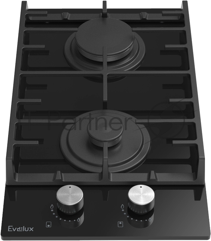 Варочная панель газовая Evelux HEG300BG, 30 см, 2 конфорки: экономичная конфорка (0,9 кВт), экспресс-конфорка (2,9 кВт), газ-контроль, электроподжиг, черное высокопрочное закаленное стекло, чугунные решетки, поворотные переключатели, комплект форсун