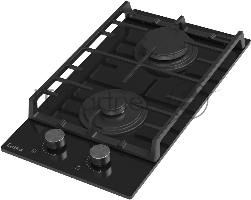 Варочная панель газовая Evelux HEG300BG, 30 см, 2 конфорки: экономичная конфорка (0,9 кВт), экспресс-конфорка (2,9 кВт), газ-контроль, электроподжиг, черное высокопрочное закаленное стекло, чугунные решетки, поворотные переключатели, комплект форсун