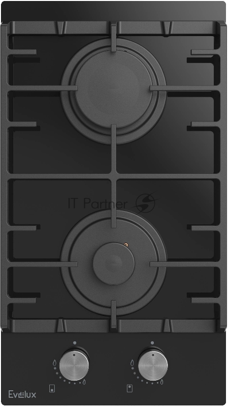 Варочная панель газовая Evelux HEG300BG, 30 см, 2 конфорки: экономичная конфорка (0,9 кВт), экспресс-конфорка (2,9 кВт), газ-контроль, электроподжиг, черное высокопрочное закаленное стекло, чугунные решетки, поворотные переключатели, комплект форсун