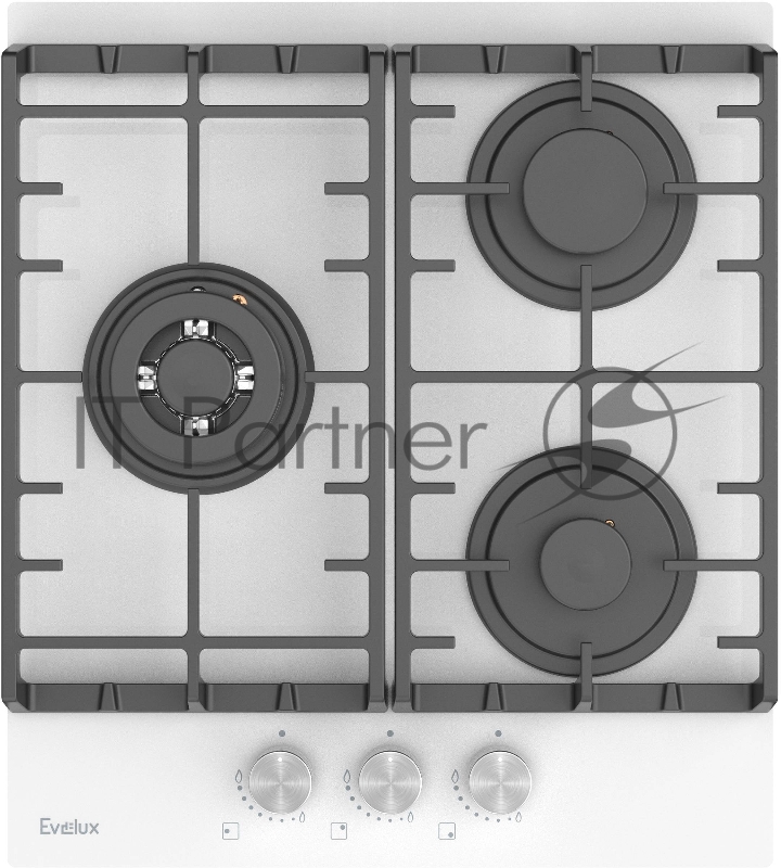 Варочная панель газовая Evelux HEG450WG, 45 см, 3 конфорки: экономичная конфорка (0,9 кВт), стандартная конфорка (1,7 кВт), ВОК конфорка (2,5 кВт), газ-контроль, электроподжиг, белое высокопрочное закаленное стекло, чугунные решетки, поворотные пере