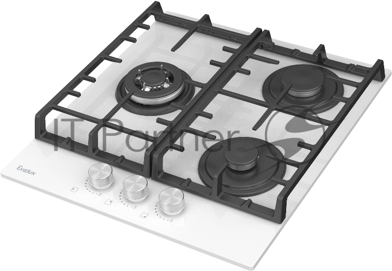 Варочная панель газовая Evelux HEG450WG, 45 см, 3 конфорки: экономичная конфорка (0,9 кВт), стандартная конфорка (1,7 кВт), ВОК конфорка (2,5 кВт), газ-контроль, электроподжиг, белое высокопрочное закаленное стекло, чугунные решетки, поворотные пере