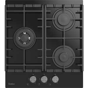 Варочная панель газовая Evelux HEG450BG, 45 см, 3 конфорки: экономичная конфорка (0,9 кВт), стандартная конфорка (1,7 кВт), ВОК конфорка (2,5 кВт), газ-контроль, электроподжиг, черное высокопрочное закаленное стекло, чугунные решетки, поворотные пер
