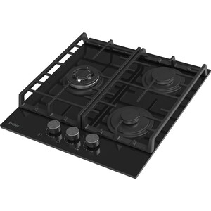 Варочная панель газовая Evelux HEG450BG, 45 см, 3 конфорки: экономичная конфорка (0,9 кВт), стандартная конфорка (1,7 кВт), ВОК конфорка (2,5 кВт), газ-контроль, электроподжиг, черное высокопрочное закаленное стекло, чугунные решетки, поворотные пер