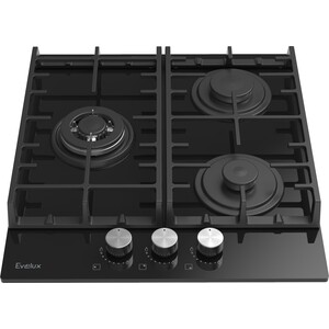 Варочная панель газовая Evelux HEG450BG, 45 см, 3 конфорки: экономичная конфорка (0,9 кВт), стандартная конфорка (1,7 кВт), ВОК конфорка (2,5 кВт), газ-контроль, электроподжиг, черное высокопрочное закаленное стекло, чугунные решетки, поворотные пер