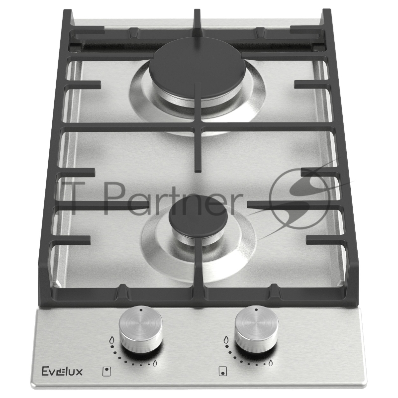 Варочная панель газовая Evelux HEG300X, 60 см, 2 конфорки: экономичная конфорка (0,9 кВт), экспресс-конфорка (2,9 кВт), газ-контроль, электроподжиг, нержавеющая сталь, чугунные решетки, поворотные переключатели, комплект форсунок-переходников на бало