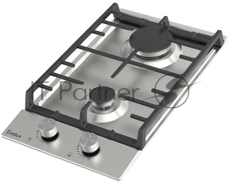 Варочная панель газовая Evelux HEG300X, 60 см, 2 конфорки: экономичная конфорка (0,9 кВт), экспресс-конфорка (2,9 кВт), газ-контроль, электроподжиг, нержавеющая сталь, чугунные решетки, поворотные переключатели, комплект форсунок-переходников на бало
