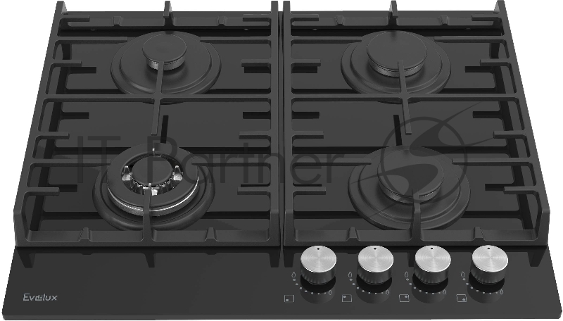 Варочная панель газовая Evelux HEG650BG, 60 см, 4 конфорки: экономичная конфорка (0,95 кВт), 2 стандартных конфорки (2х1,7 кВт), ВОК конфорка (2,5 кВт), газ-контроль, электроподжиг, черное высокопрочное