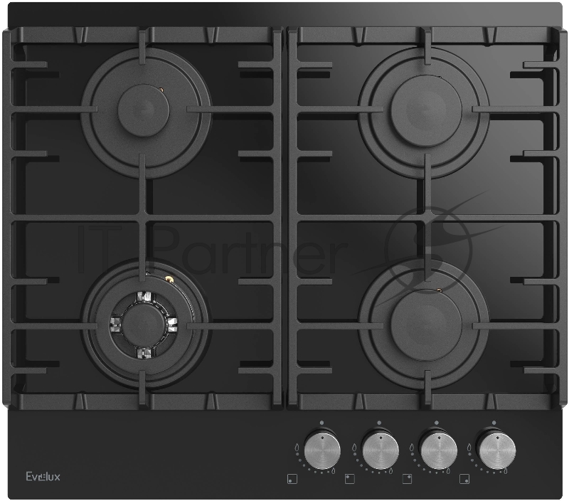 Варочная панель газовая Evelux HEG650BG, 60 см, 4 конфорки: экономичная конфорка (0,95 кВт), 2 стандартных конфорки (2х1,7 кВт), ВОК конфорка (2,5 кВт), газ-контроль, электроподжиг, черное высокопрочное
