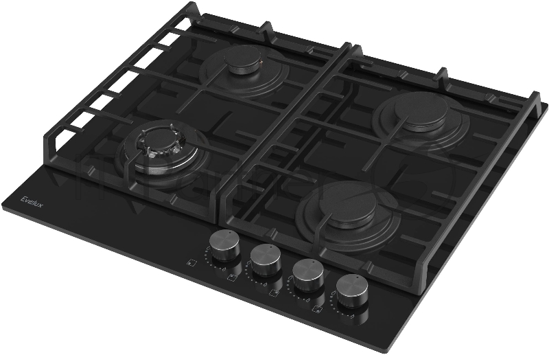 Варочная панель газовая Evelux HEG650BG, 60 см, 4 конфорки: экономичная конфорка (0,95 кВт), 2 стандартных конфорки (2х1,7 кВт), ВОК конфорка (2,5 кВт), газ-контроль, электроподжиг, черное высокопрочное