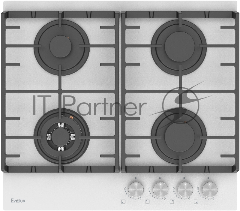 Варочная панель газовая Evelux HEG650WG, 60 см, 4 конфорки: экономичная конфорка (0,95 кВт), 2 стандартных конфорки (2х1,7 кВт), ВОК конфорка (2,5 кВт), газ-контроль, электроподжиг, черное высокопрочное