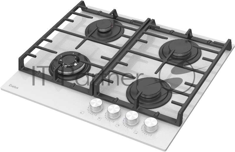 Варочная панель газовая Evelux HEG650WG, 60 см, 4 конфорки: экономичная конфорка (0,95 кВт), 2 стандартных конфорки (2х1,7 кВт), ВОК конфорка (2,5 кВт), газ-контроль, электроподжиг, черное высокопрочное