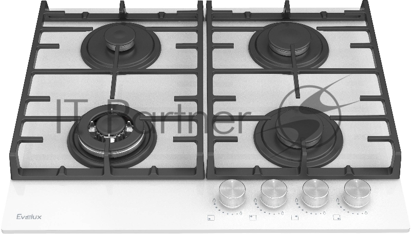 Варочная панель газовая Evelux HEG650WG, 60 см, 4 конфорки: экономичная конфорка (0,95 кВт), 2 стандартных конфорки (2х1,7 кВт), ВОК конфорка (2,5 кВт), газ-контроль, электроподжиг, черное высокопрочное
