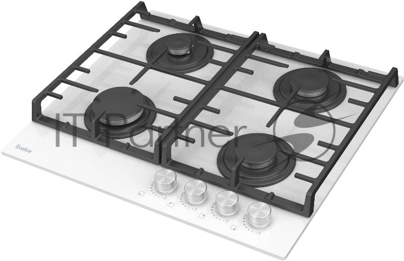 Варочная панель газовая Evelux HEG600WG, 60 см, 4 конфорки: экономичная конфорка (0,9 кВт), 2 стандартных конфорки (2х1,7 кВт), экспресс-конфорка (2,9 кВт), газ-контроль, электроподжиг, белое высокопрочное закаленное стекло, чугунные решетки, поворот