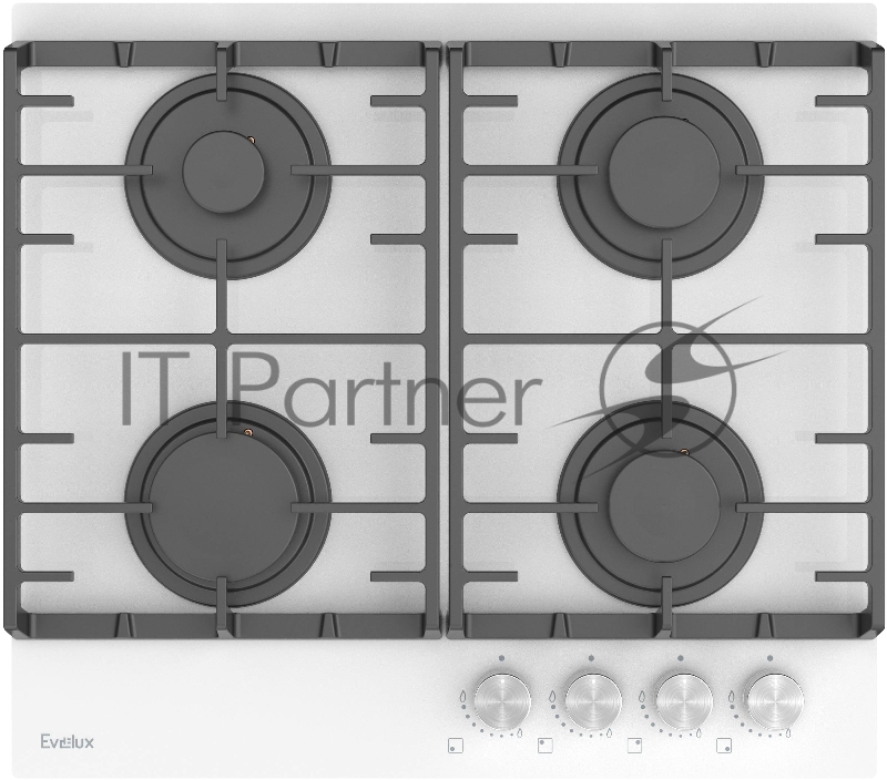 Варочная панель газовая Evelux HEG600WG, 60 см, 4 конфорки: экономичная конфорка (0,9 кВт), 2 стандартных конфорки (2х1,7 кВт), экспресс-конфорка (2,9 кВт), газ-контроль, электроподжиг, белое высокопрочное закаленное стекло, чугунные решетки, поворот