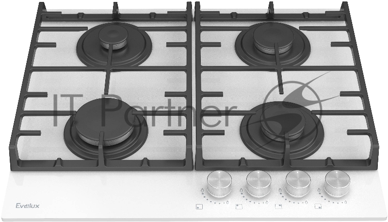Варочная панель газовая Evelux HEG600WG, 60 см, 4 конфорки: экономичная конфорка (0,9 кВт), 2 стандартных конфорки (2х1,7 кВт), экспресс-конфорка (2,9 кВт), газ-контроль, электроподжиг, белое высокопрочное закаленное стекло, чугунные решетки, поворот