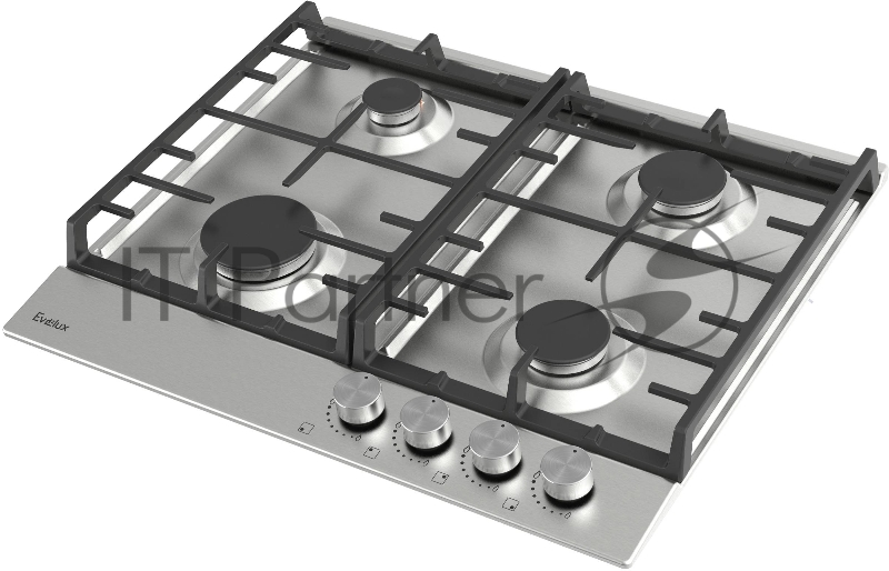 Варочная панель газовая Evelux HEG600X, 60 см, 4 конфорки: экономичная конфорка (0,9 кВт), 2 стандартных конфорки (2х1,7 кВт), экспресс-конфорка (2,9 кВт), газ-контроль, электроподжиг, нержавеющая сталь, чугунные решетки, поворотные переключатели, ко